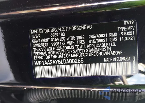 2020 Porsche Cayenne z USA, uszkodzony, nr VIN WP1AA2AY5LDA00265